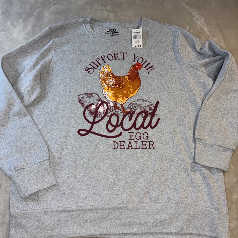 Lost Creek Local Egg Dealer Chicken Sweatshirt XL Gray Farmcore NWT Cottagecore